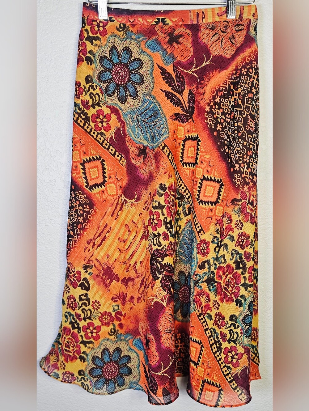 Coldwater Creek PL Boho Patchwork Floral Midi Skirt Elastic Waist